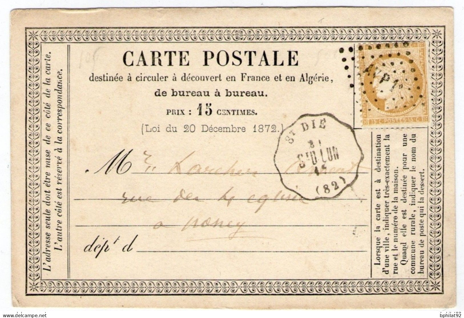 !!! CARTE PRECURSEUR CERES CACHET CONVOYEUR STATION ST DIE - Cartes Précurseurs