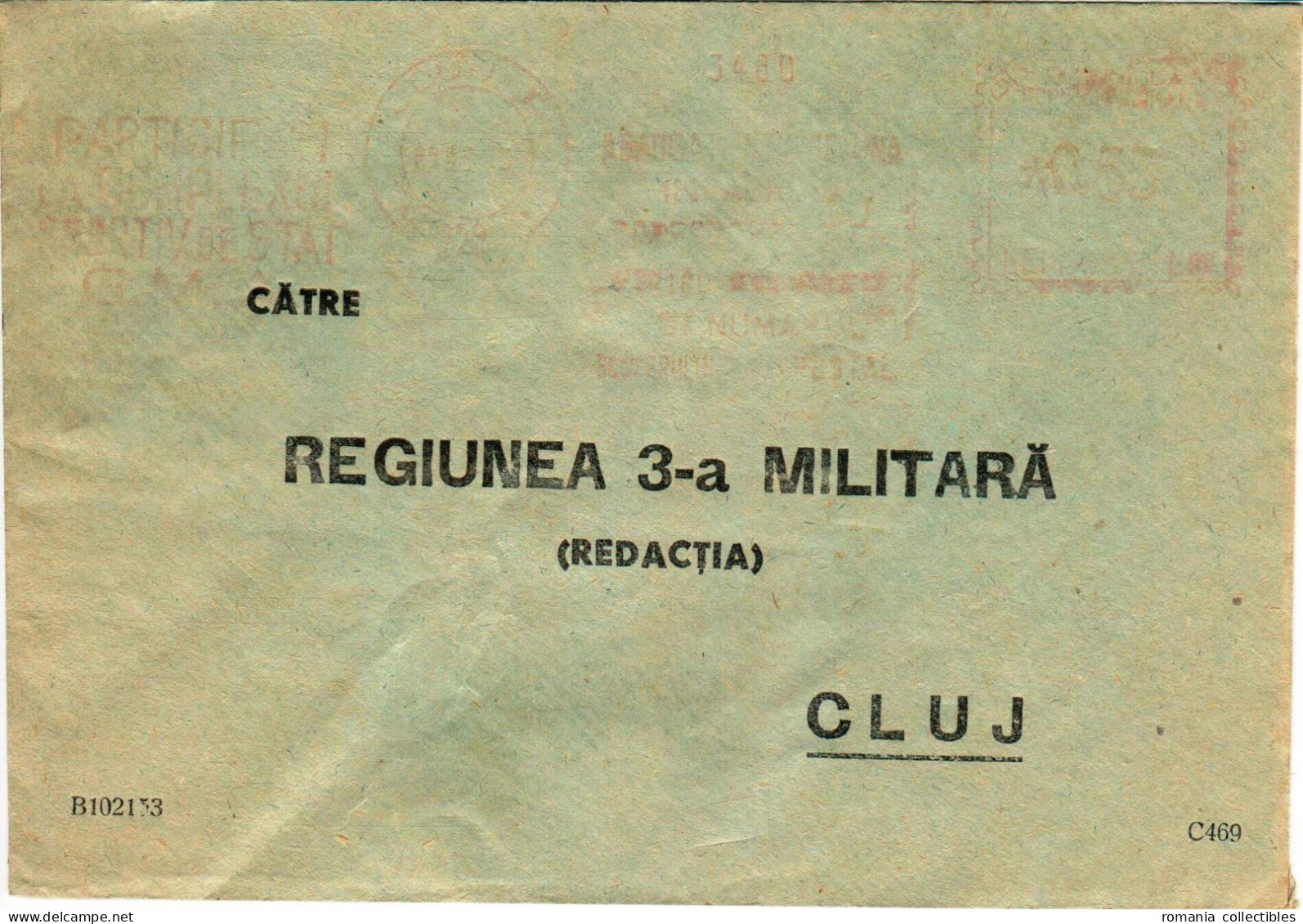 Romania, 1950's, Vintage Circulated Postal Cover  - "3rd Military Region" Cluj - Dienstzegels