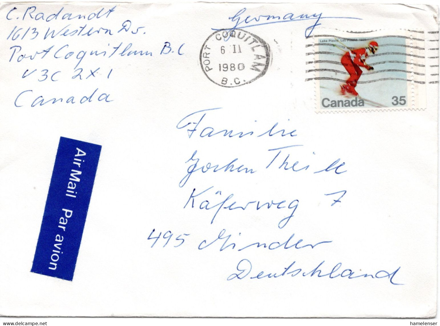 70597 - Canada - 1980 - 35¢ Ski EF A LpBf PORT COQUITLAM -> Westdeutschland - Winter 1980: Lake Placid