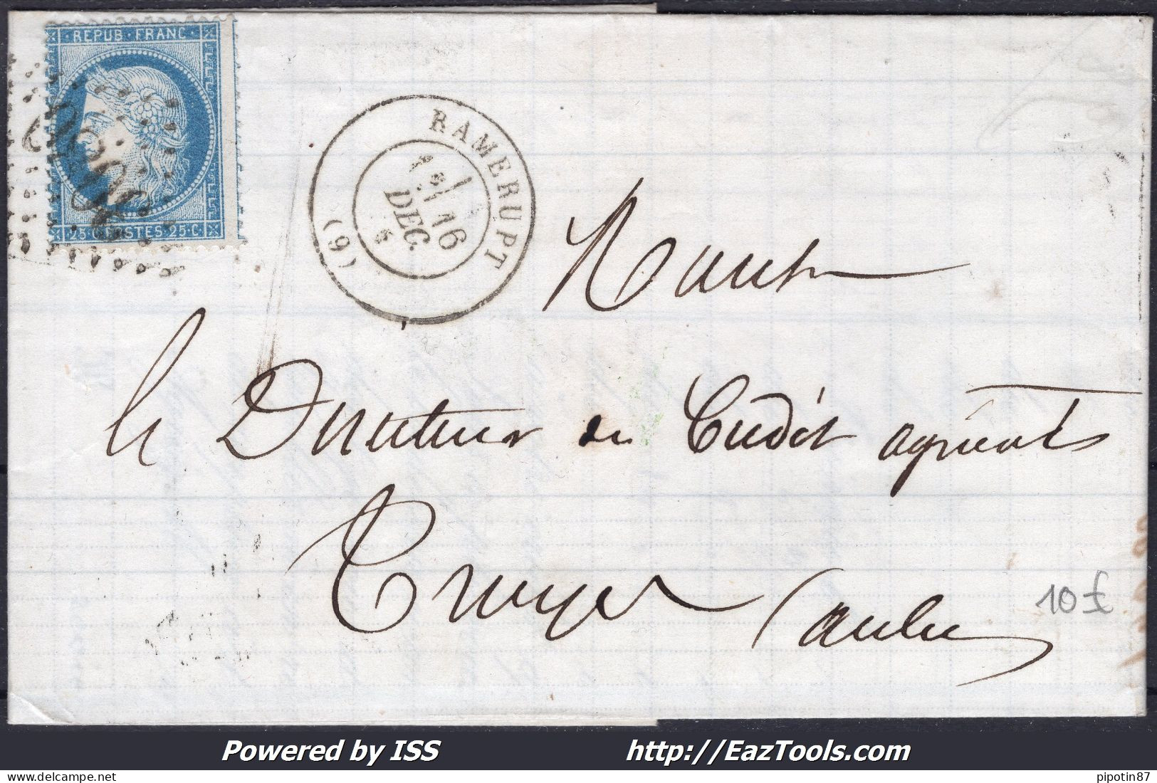 FRANCE N° 60C SUR LETTRE AVEC GC 3080 RAMERUPT AUBE + CAD DU 16/12/1875 - 1871-1875 Ceres