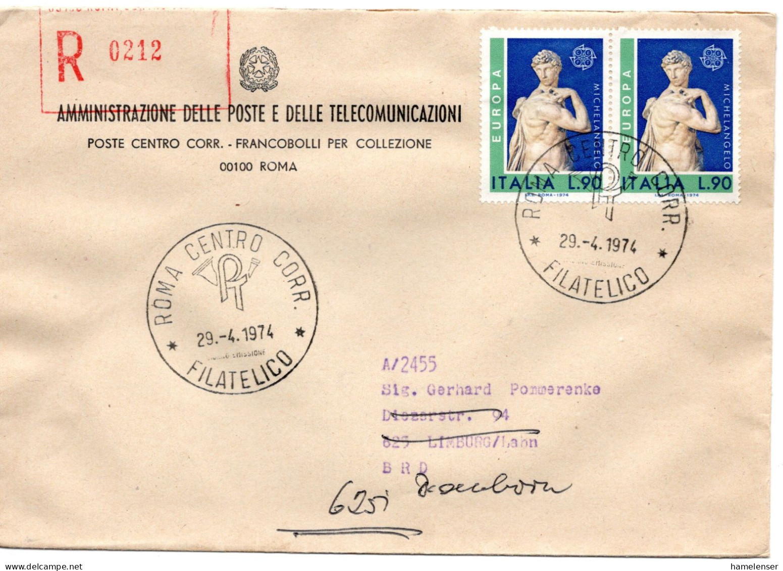 70602 - Italien - 1974 - 2@90L CEPT '74 A R-Bf ROMA -> Westdeutschland, Nachgesandt - 1971-80: Poststempel