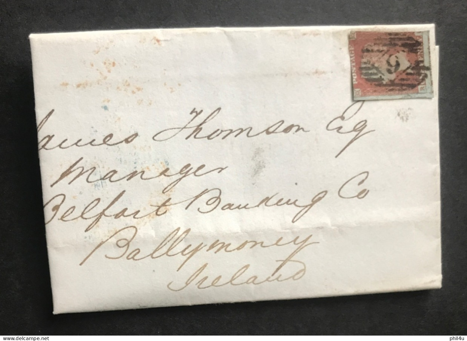 1848 GB Penny Imperf Stamp Post Mark 6 Square Penny Post Mark In Red Letter Banking Bellymoney Ireland See Scan - Storia Postale