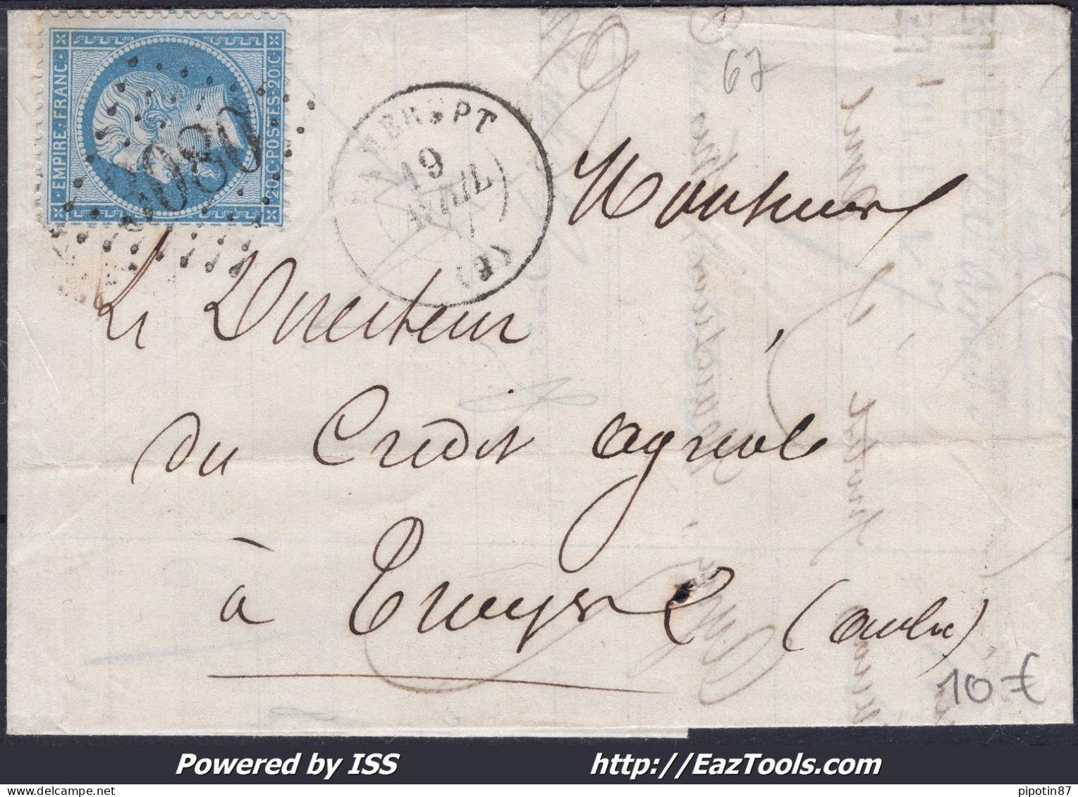 FRANCE N° 22 SUR LETTRE AVEC GC 3080 RAMERUPT AUBE + CAD DU 19/04/1867 - 1862 Napoléon III.
