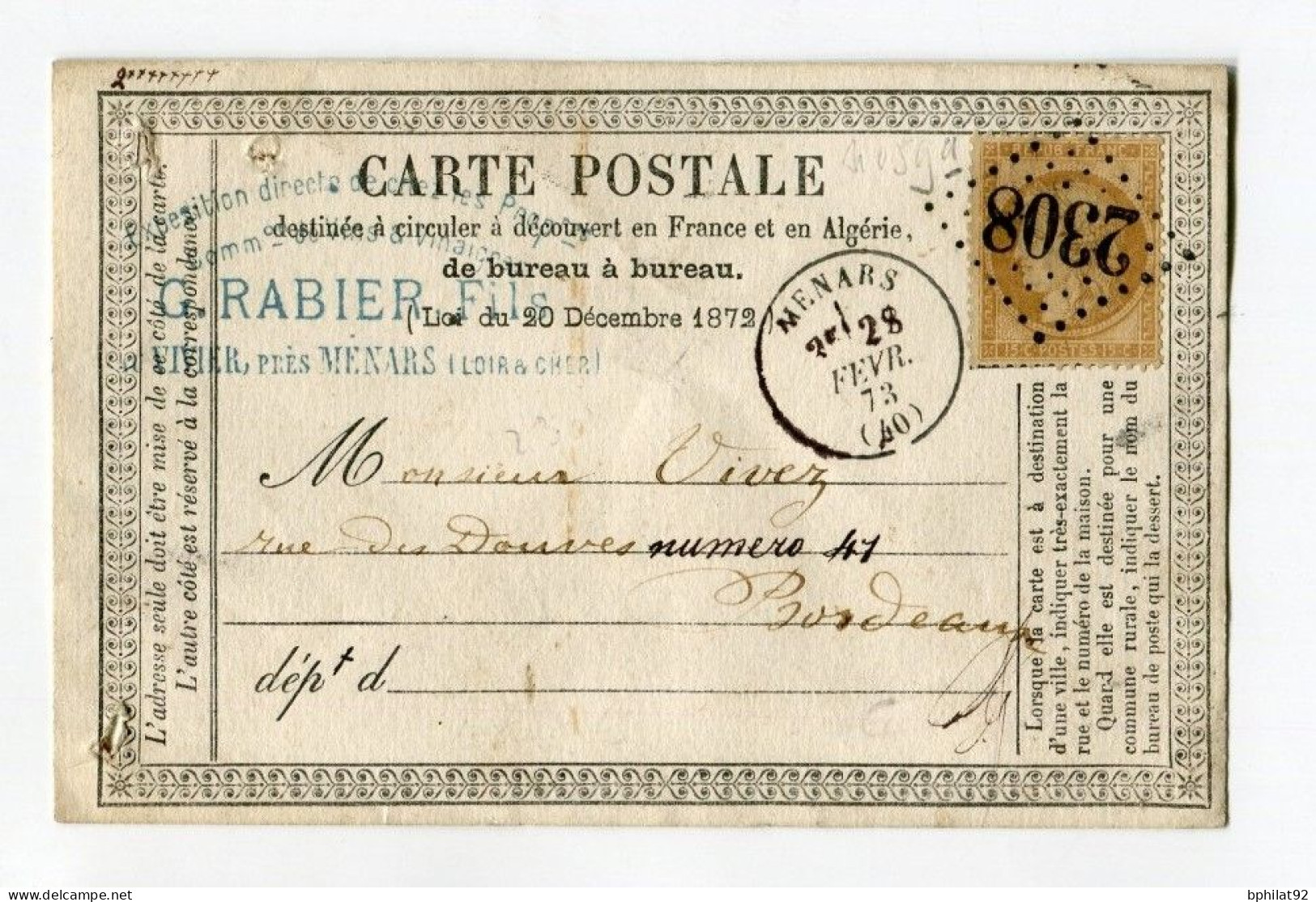 !!! CARTE PRECURSEUR CERES CACHET GC 2308 MENARS (LOIR ET CHER) DE 1873 - Cartoline Precursori