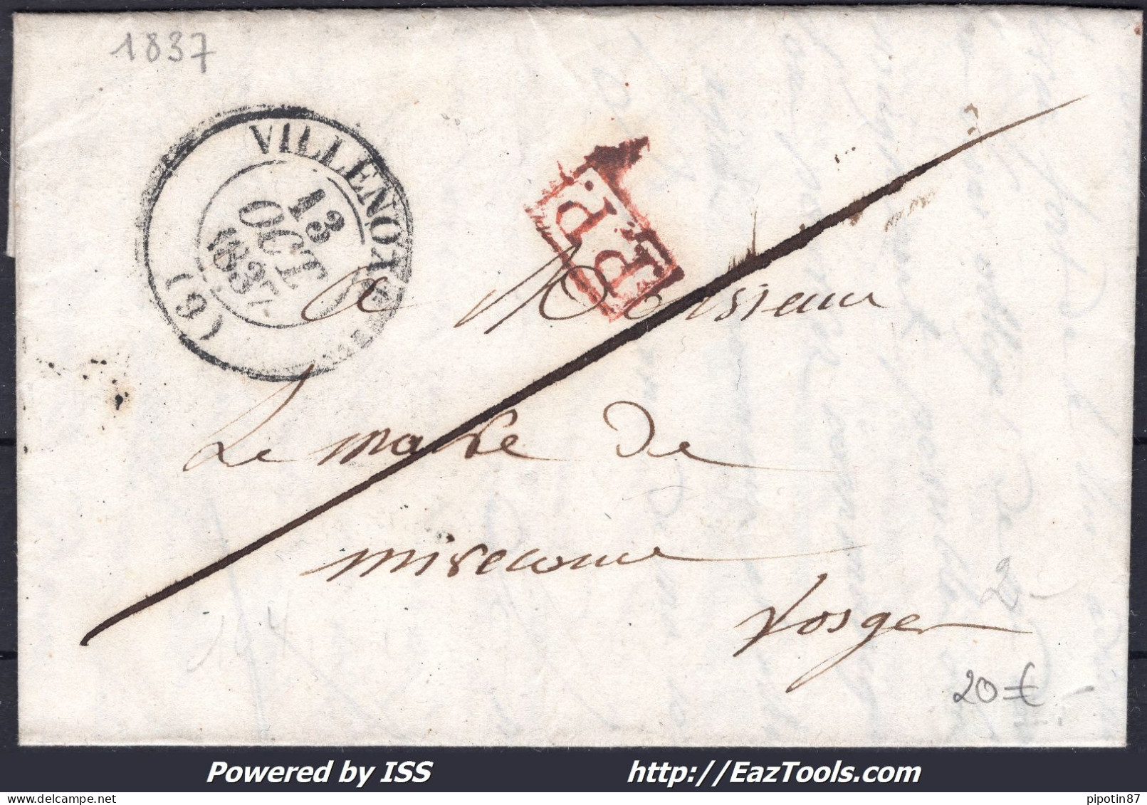 FRANCE MARQUE POSTALE AVEC CAD TYPE 13 VILLENOXE AUBE DU 13/10/1837 + PP ENCADRÉ - 1801-1848: Vorläufer XIX