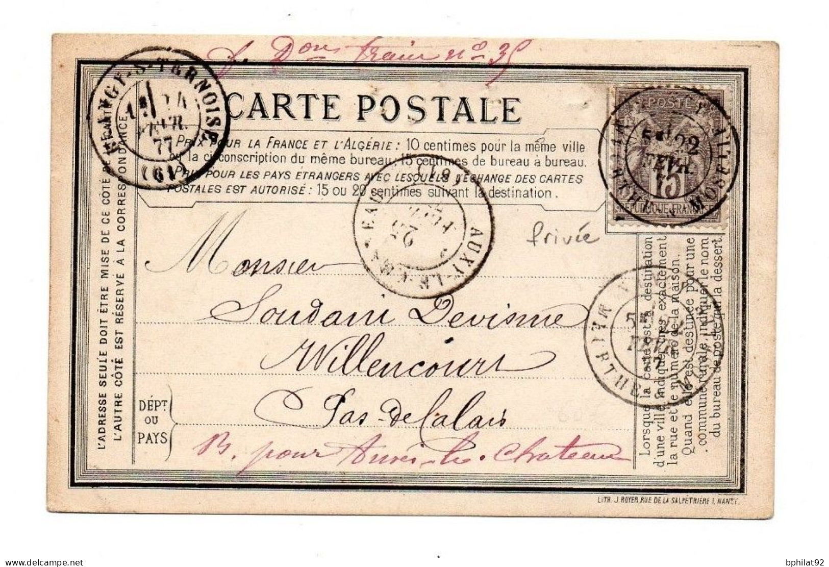 !!! CARTE PRECURSEUR PRIVEE C. BAILLY (NANCY) AFFRANCHIE 10C SAGE - Cartes Précurseurs