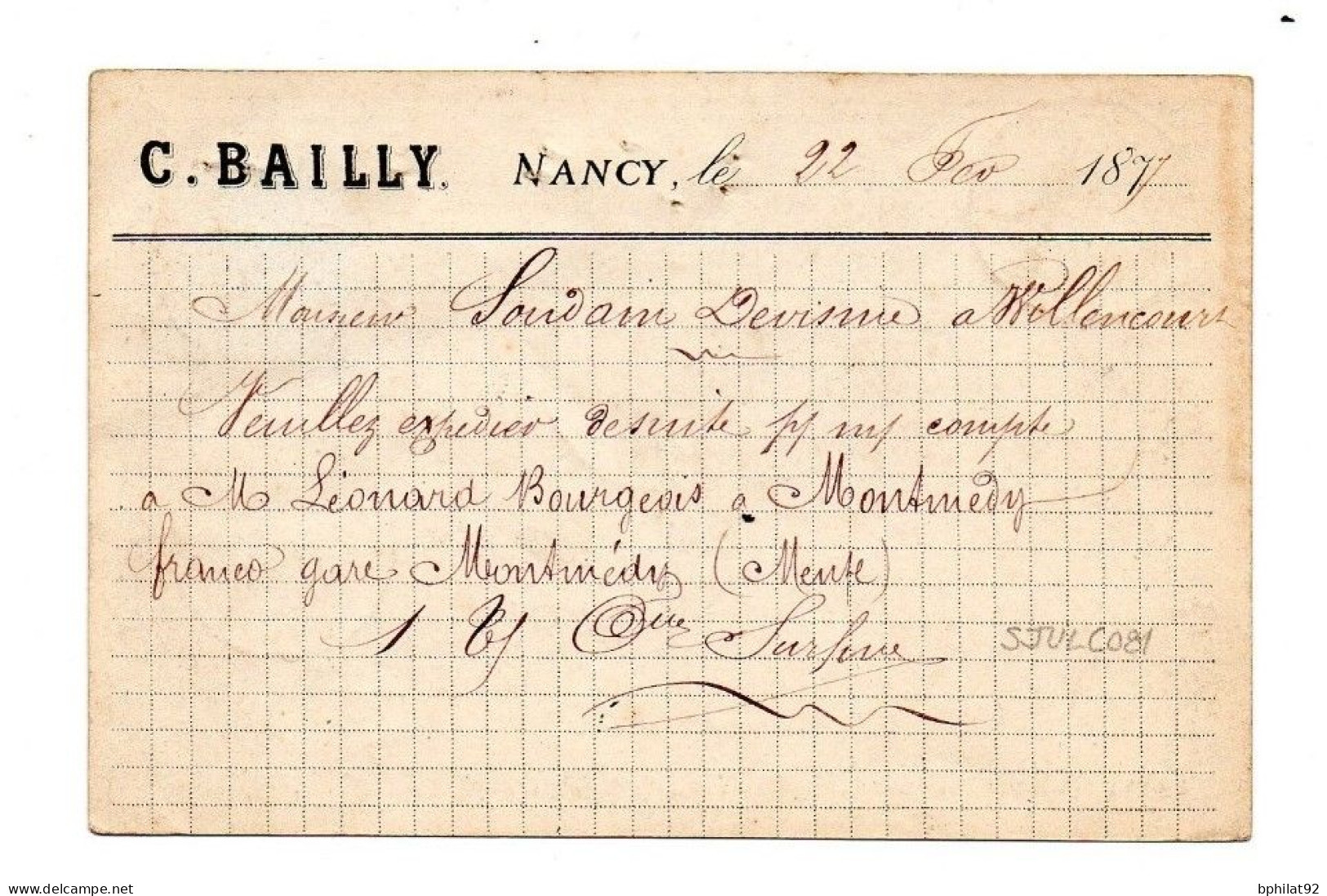 !!! CARTE PRECURSEUR PRIVEE C. BAILLY (NANCY) AFFRANCHIE 10C SAGE - Cartes Précurseurs