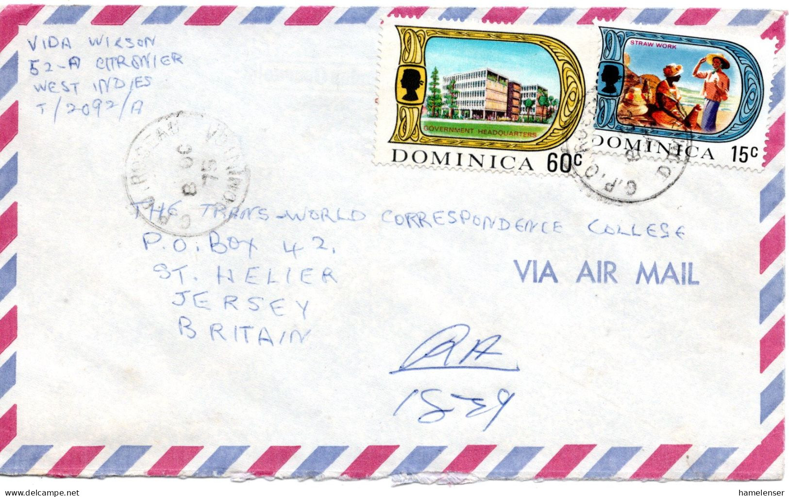 70610 - Dominica - 1975 - 60c Regierungsgebaeude MiF A LpBf ROSEAU -> Jersey (Grossbritannien) - Dominica (...-1978)