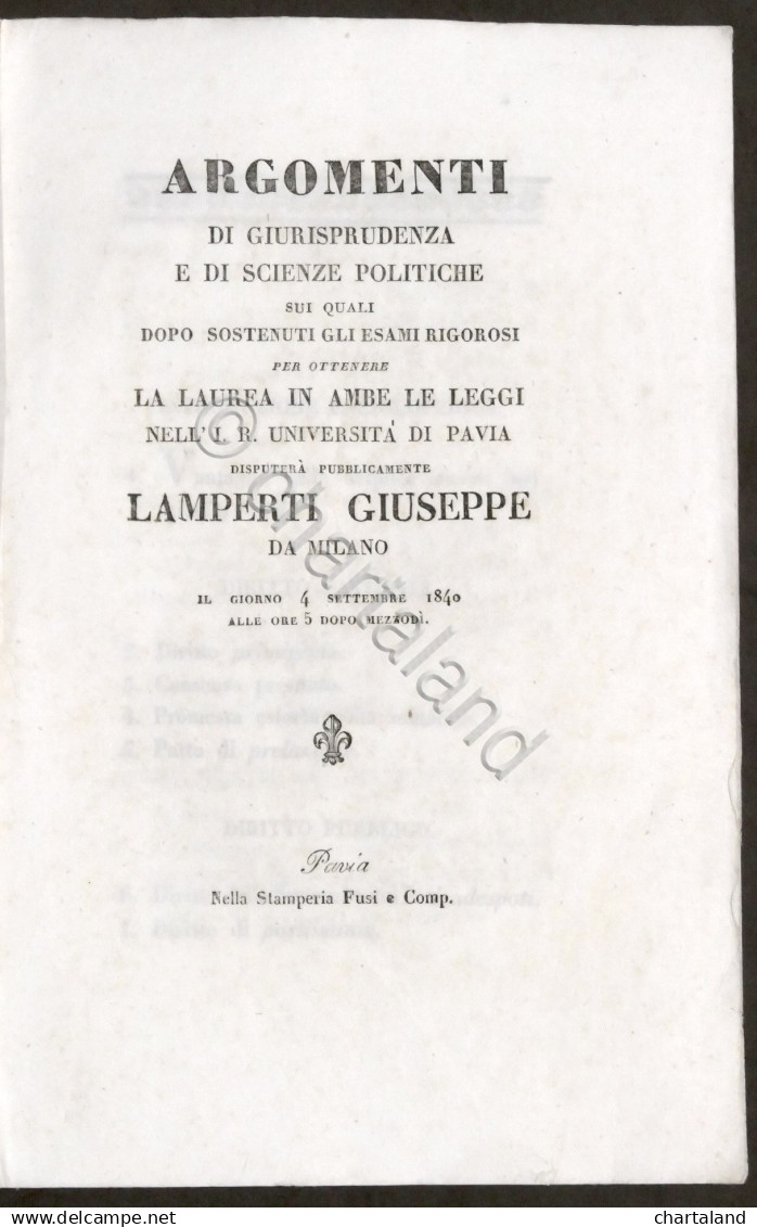 Lamperti - Argomenti Di Giurisprudenza E Scienze Politiche - Laurea Pavia 1840 - Altri & Non Classificati