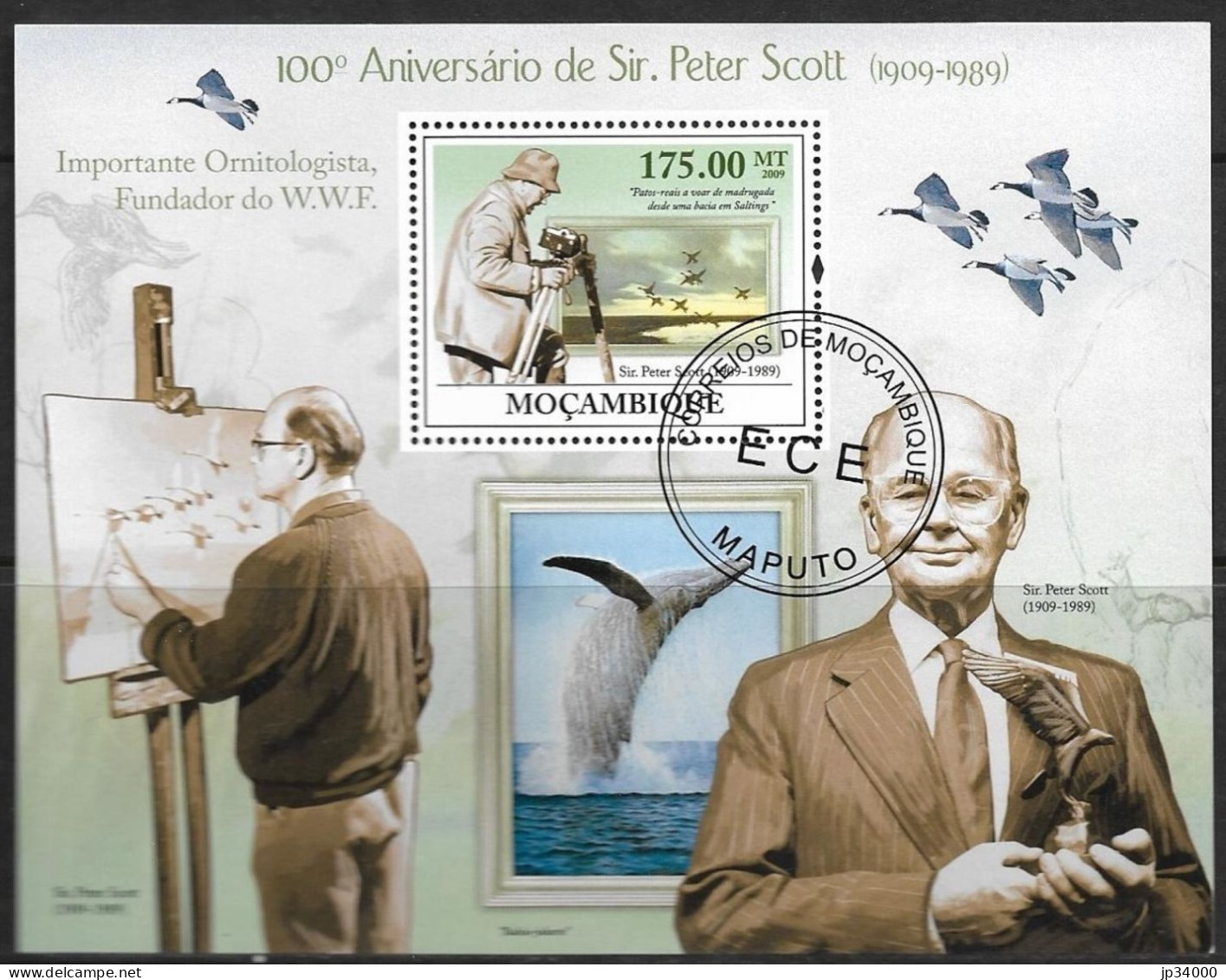 MOZAMBIQUE WWF, 100 Anniversaire De Sir Peter Scott, Oiseaux, Baleine. Yvert BF 213. Oblitérés, Used - Usados