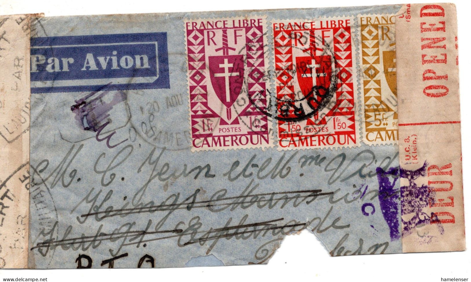 70611 - Kamerun - 1942 - 5F France Libre MiF A LpBf (u Reduz) ... -> DURBAN (Suedafrika), Frz. & Suedafrik Zensuren - Lettres & Documents
