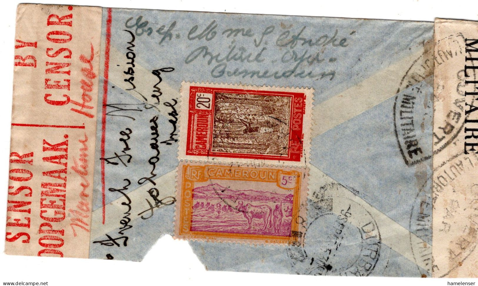 70611 - Kamerun - 1942 - 5F France Libre MiF A LpBf (u Reduz) ... -> DURBAN (Suedafrika), Frz. & Suedafrik Zensuren - Briefe U. Dokumente