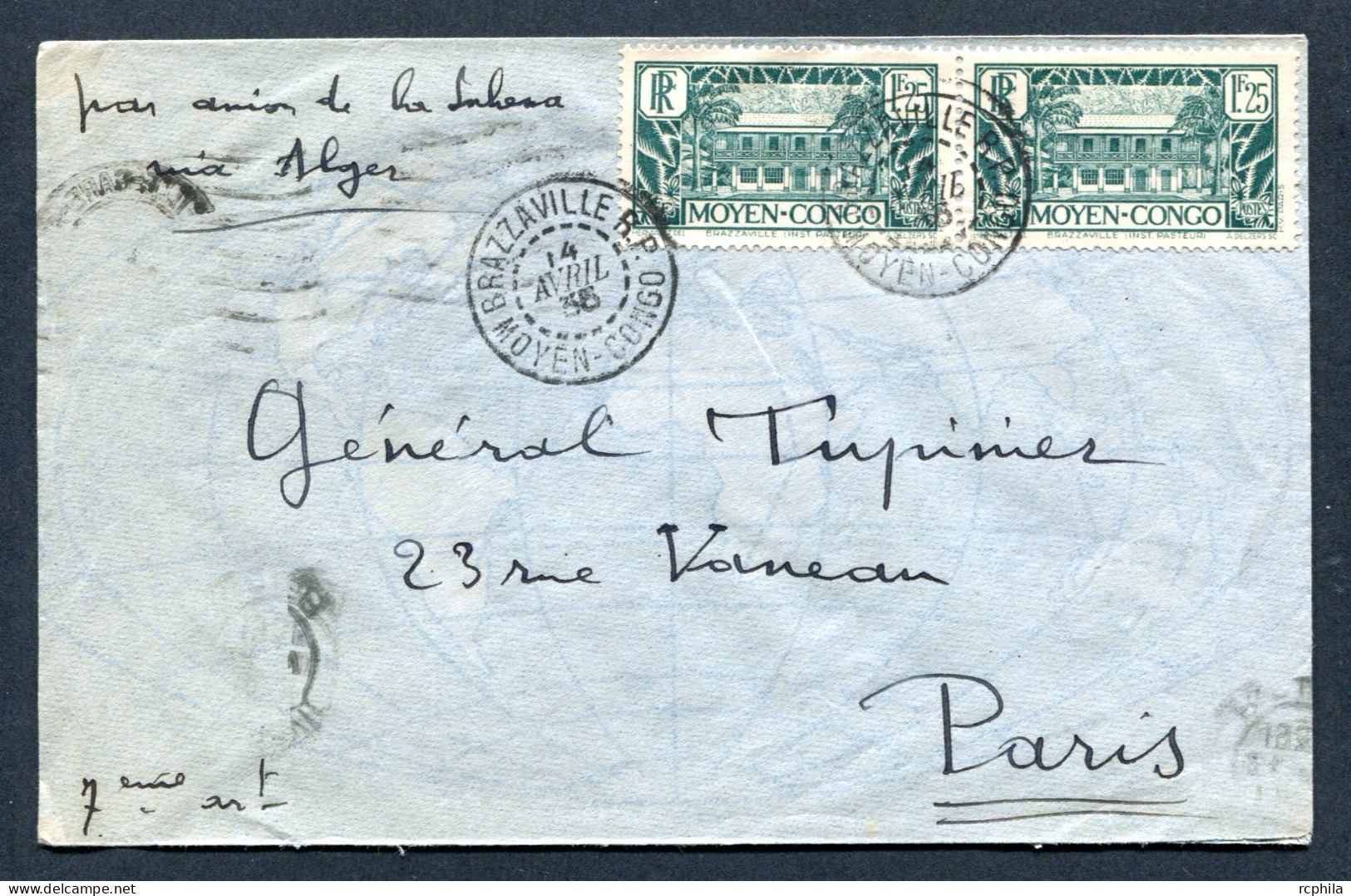 RC 25946 MOYEN CONGO 1935 BRAZZAVILLE R.P. LETTRE PAR AVION DE LA SABENA VIA ALGER POUR PARIS FRANCE - Storia Postale