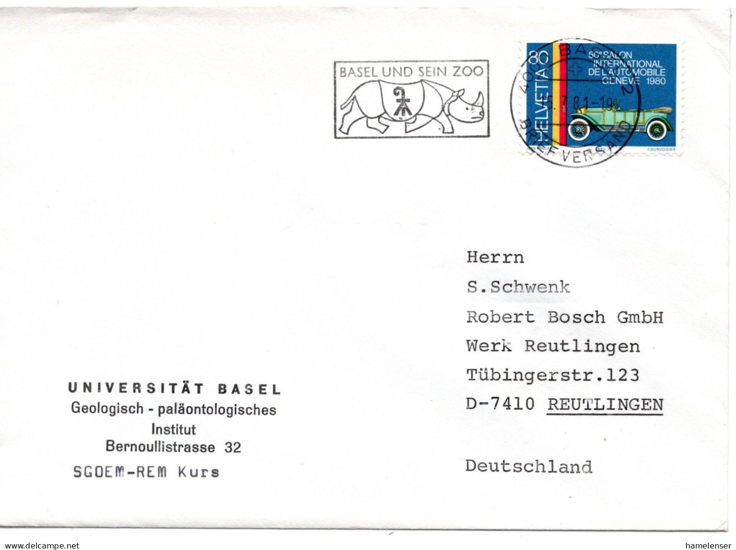 70615 - Schweiz - 1981 - 80Rp Autosalon Genf EF A Bf BASEL - ... -> Westdeutschland - Storia Postale