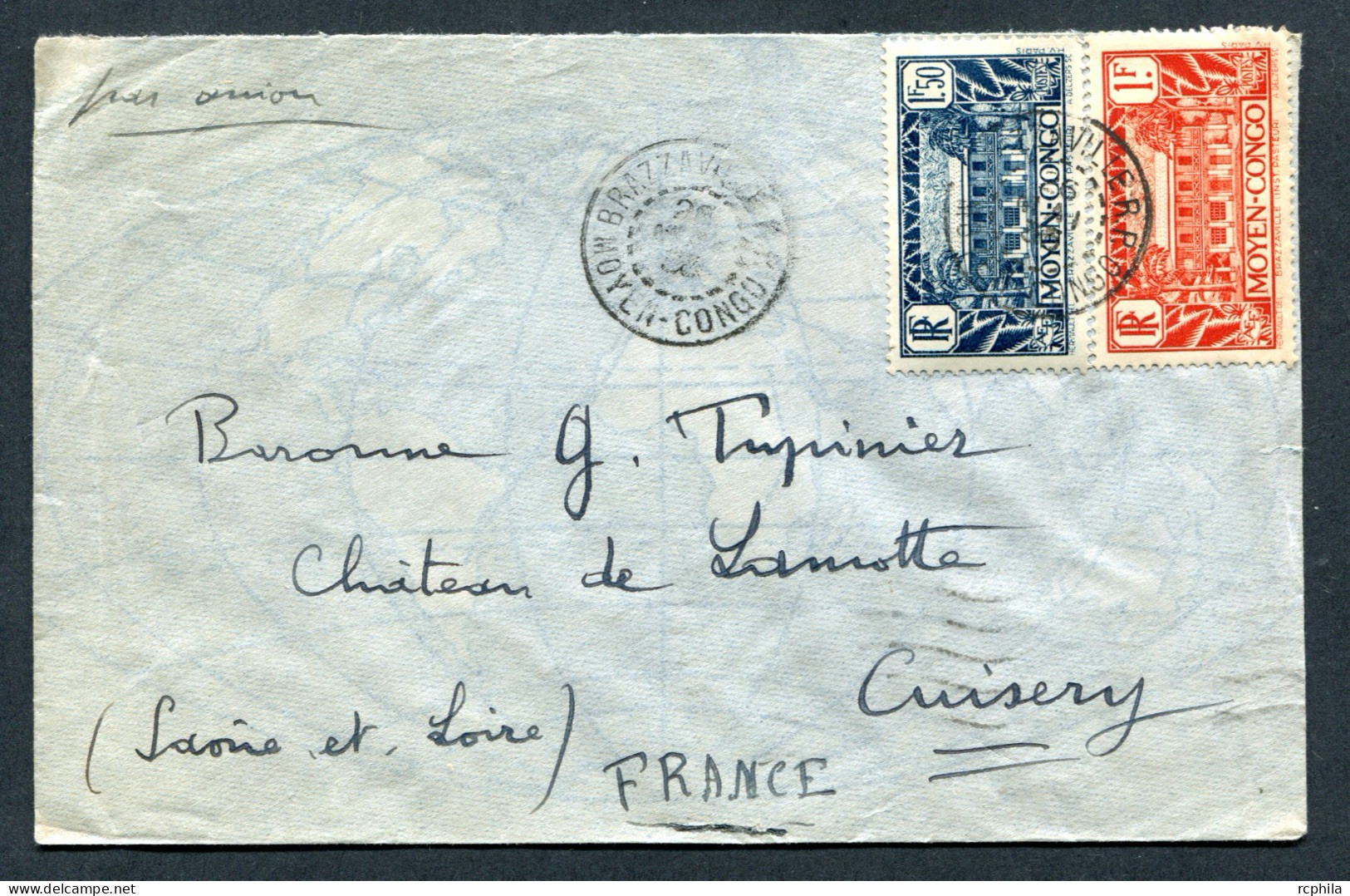 RC 25947 MOYEN CONGO 1935 BRAZZAVILLE R.P. LETTRE PAR AVION LA FRANCE - Storia Postale