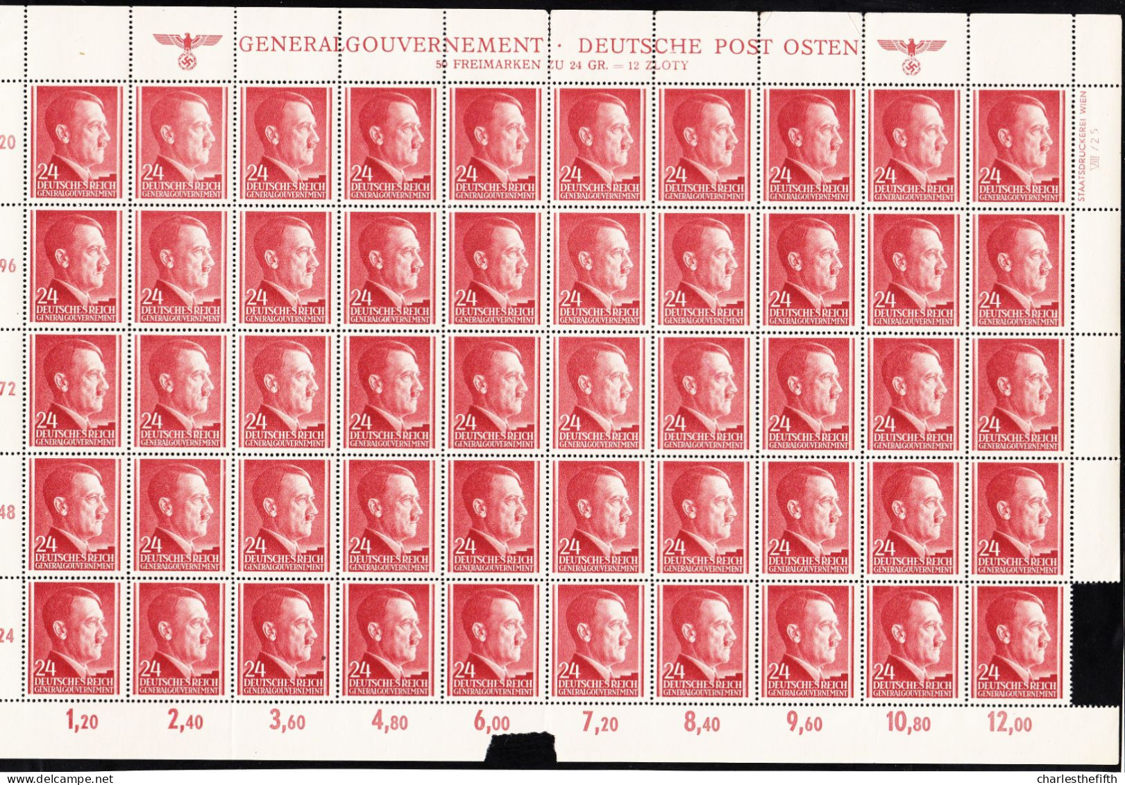 OCCUPATION POLAND 3th REICH - GENERALGOUVERNEMENT GG Michel 78 ** FULL SHEET WITH MINOR ERRORS - A BARGAIN !! 50 Stamps - Besetzungen 1938-45