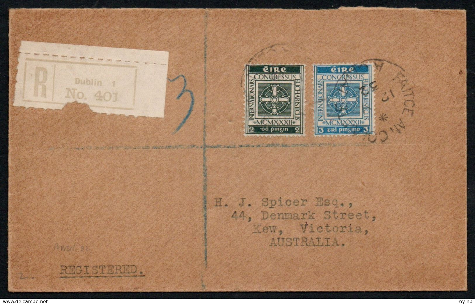 1932 Eucharistic Congress Set Paying The Correct Rate On A Registered First Day Cover To Australia With Backstamps. - Lettres & Documents