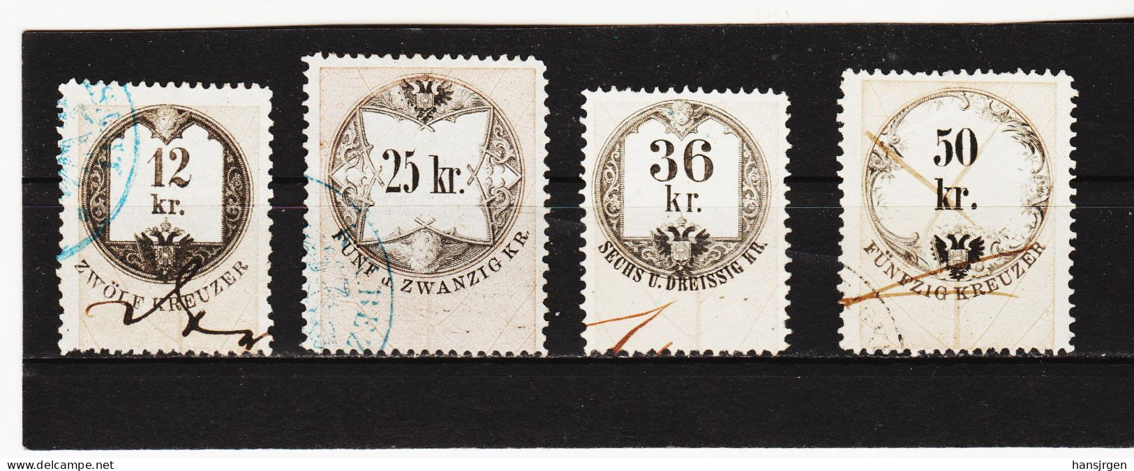 44A121 STEMPELMARKEN FISKALMARKEN ÖSTERREICH 1866  Mit UMSCHRIFT 12 - 25 - 36 - 50  Kreuzer ENTWERTET - Fiscale Zegels