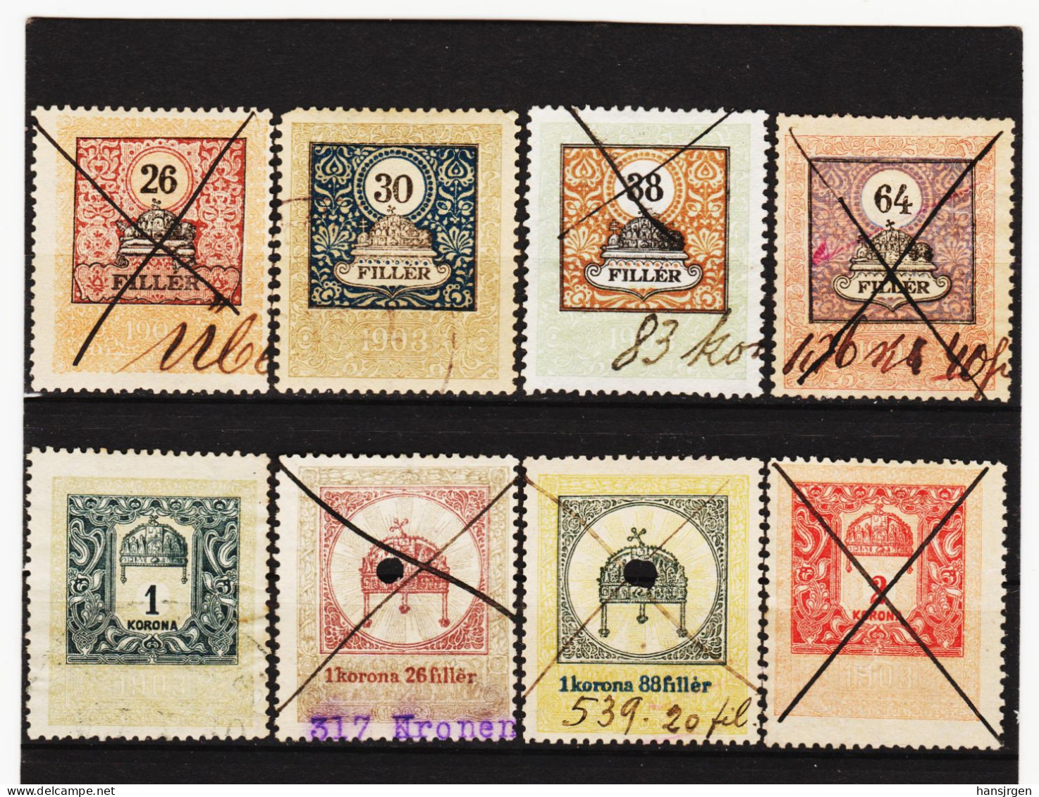 44A468 LOT - STEMPELMARKEN Österr. - Ungarische DONAUMONARCHIE 1903 26-30-38-66 F + 1-1,26-1,88-2 Korona  Entwertet - Revenue Stamps