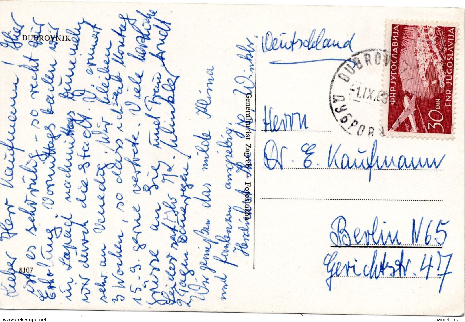 70621 - Jugoslawien - 1960 - 30Din Luftpost EF A AnsKte DUBROVNIK -> Westdeutschland - Storia Postale