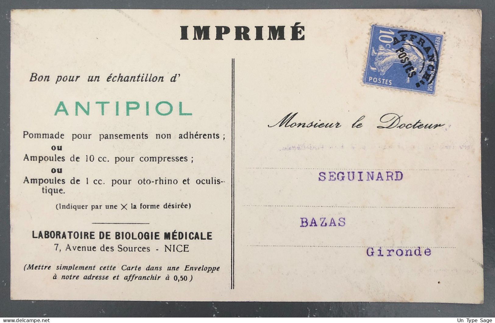 France, Préoblitéré Sur Carte Postale ANTIPIOL - (B2371) - 1893-1947