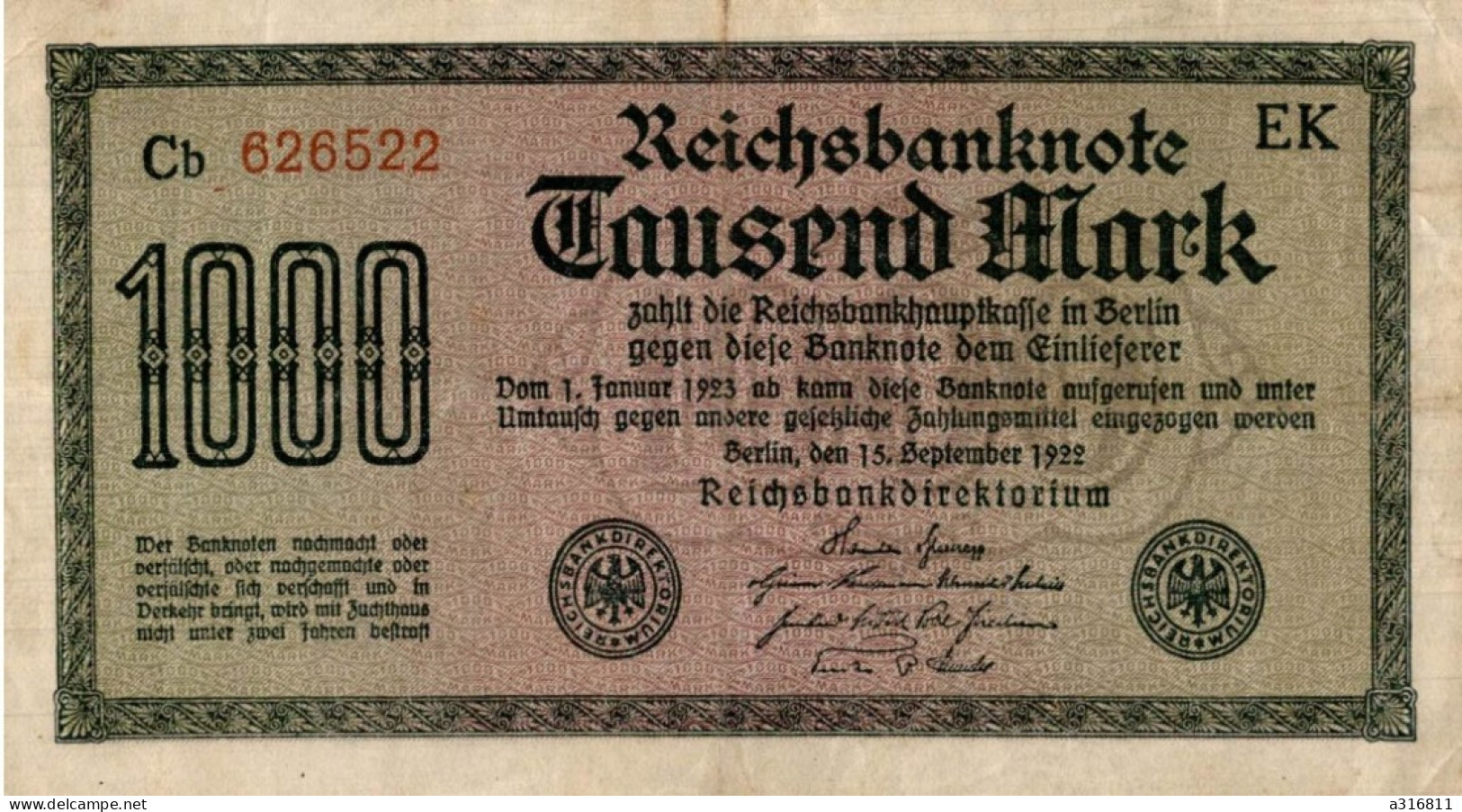 Billet Allemagne 1922 - 1000 Mark