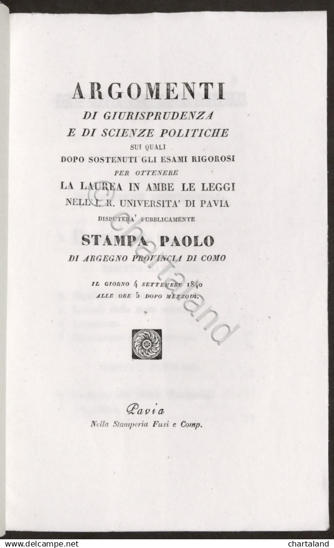 P. Stampa - Argomenti Di Giurisprudenza E Scienze Politiche - Laurea Pavia 1840 - Altri & Non Classificati