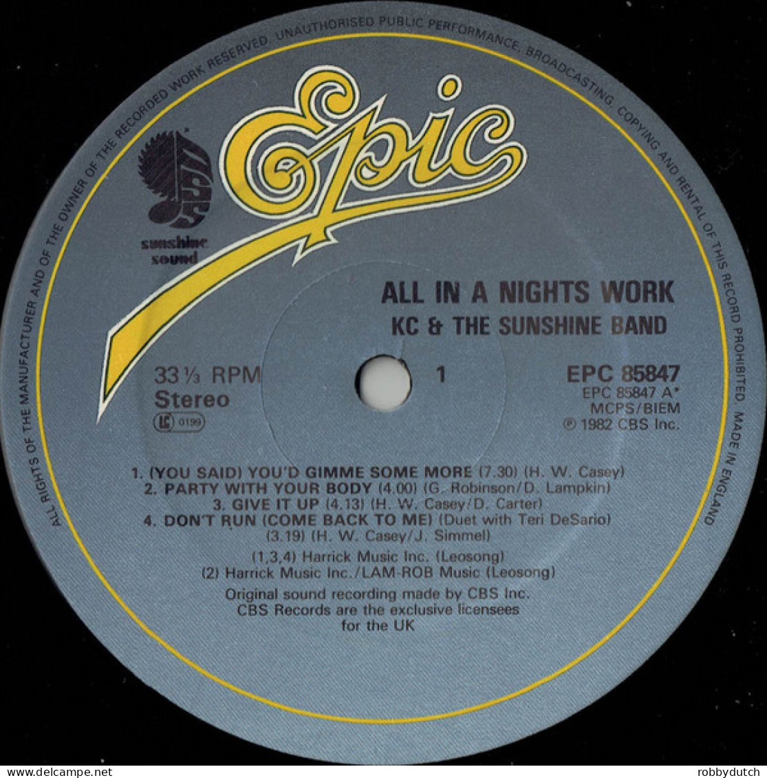 * LP *  KC & THE SUNSHINE BAND - ALL IN A NIGHTS WORK ( England 1982 EX ) - Soul - R&B