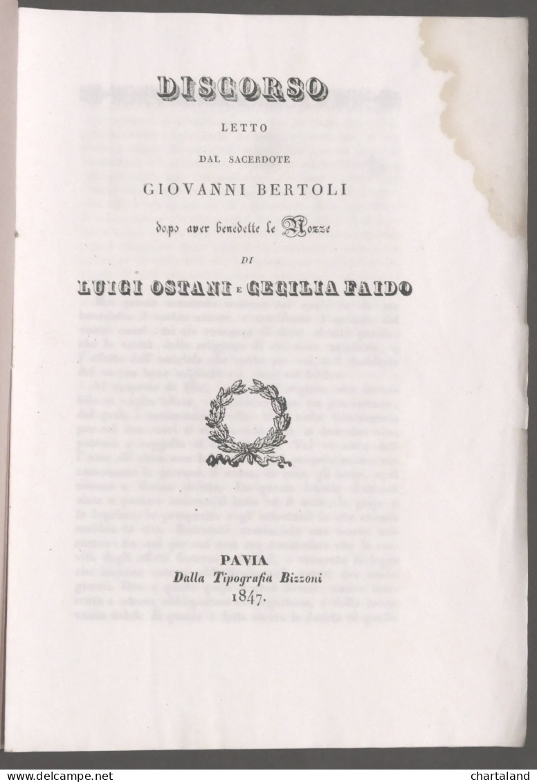 Discorso Sacerdote Bertoli Per Nozze Luigi Ostani E Cecilia Faido - Pavia 1847 - Altri & Non Classificati