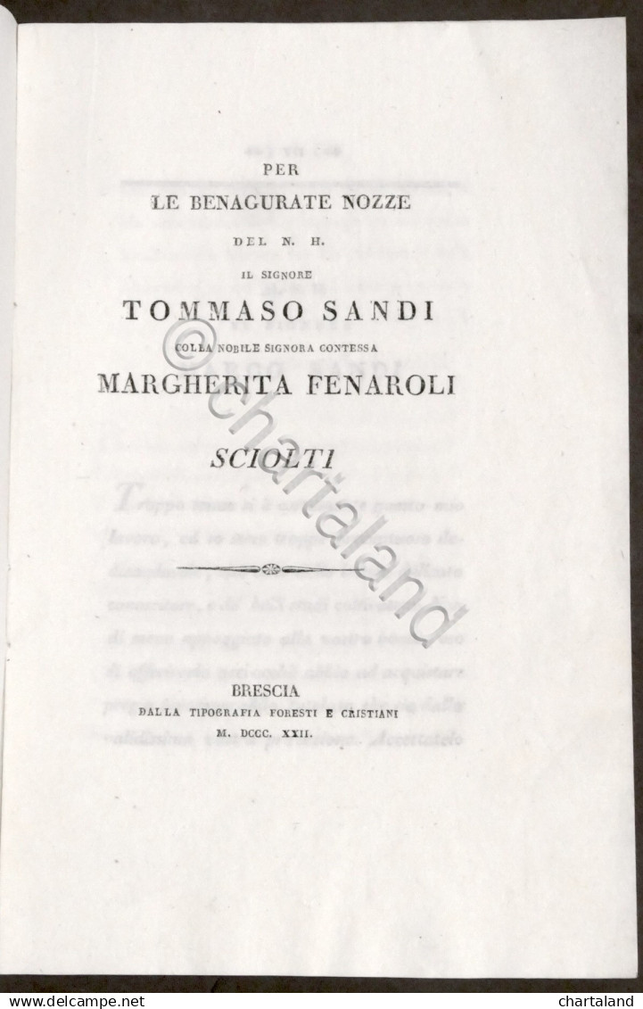 Per Nozze Di Tommaso Sandi E Contessa Margherita Fenaroli - Versi Sciolti - 1822 - Altri & Non Classificati