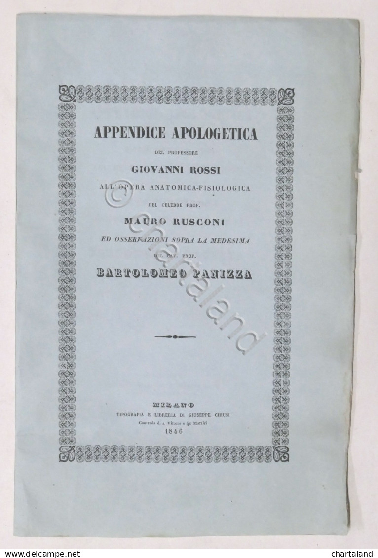 Appendice Apologetica A Opera Anotomico-fisiologica Del Prof. Marco Rusconi 1846 - Altri & Non Classificati