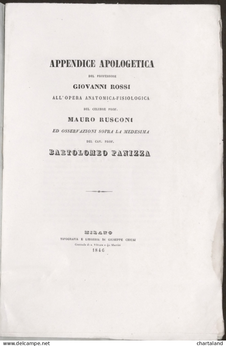 Appendice Apologetica A Opera Anotomico-fisiologica Del Prof. Marco Rusconi 1846 - Altri & Non Classificati