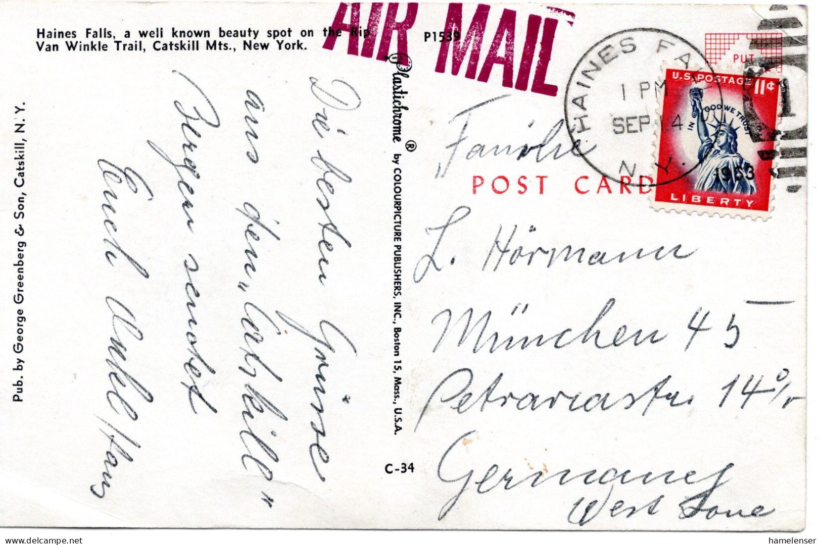 70630 - USA - 1963 - 11¢ Freiheitsstatue EF A LpAnsKte HAINES FALLS N.Y. -> Westdeutschland - Lettres & Documents
