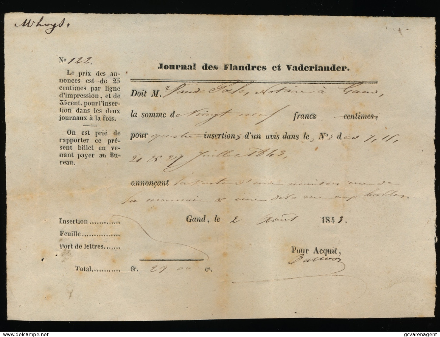 GENT 1843 - JOURNAL DES FLANDRES ET VADERLANDER     == ZIE AFBEELDING - 1800 – 1899