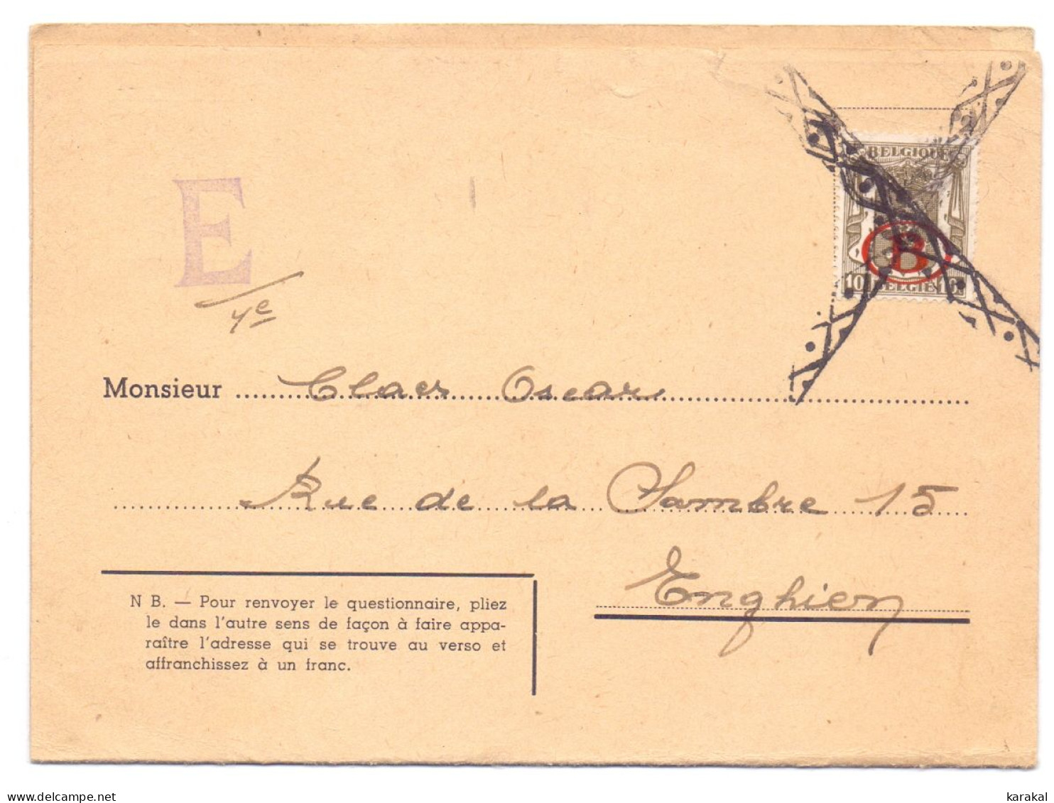 Belgique Timbre De Service S26 10c Carte-réponse De L'Office De Recrutement De La SNCB Enghien Bruxelles Roulette 1942 - Storia Postale