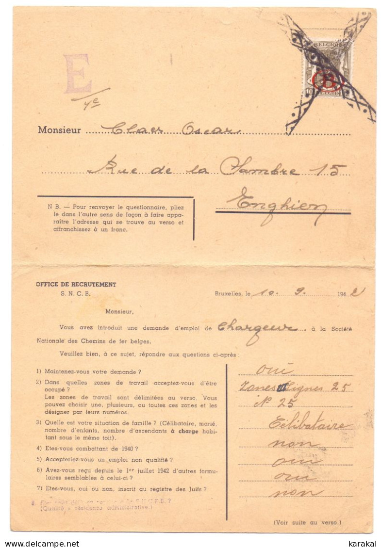 Belgique Timbre De Service S26 10c Carte-réponse De L'Office De Recrutement De La SNCB Enghien Bruxelles Roulette 1942 - Briefe U. Dokumente