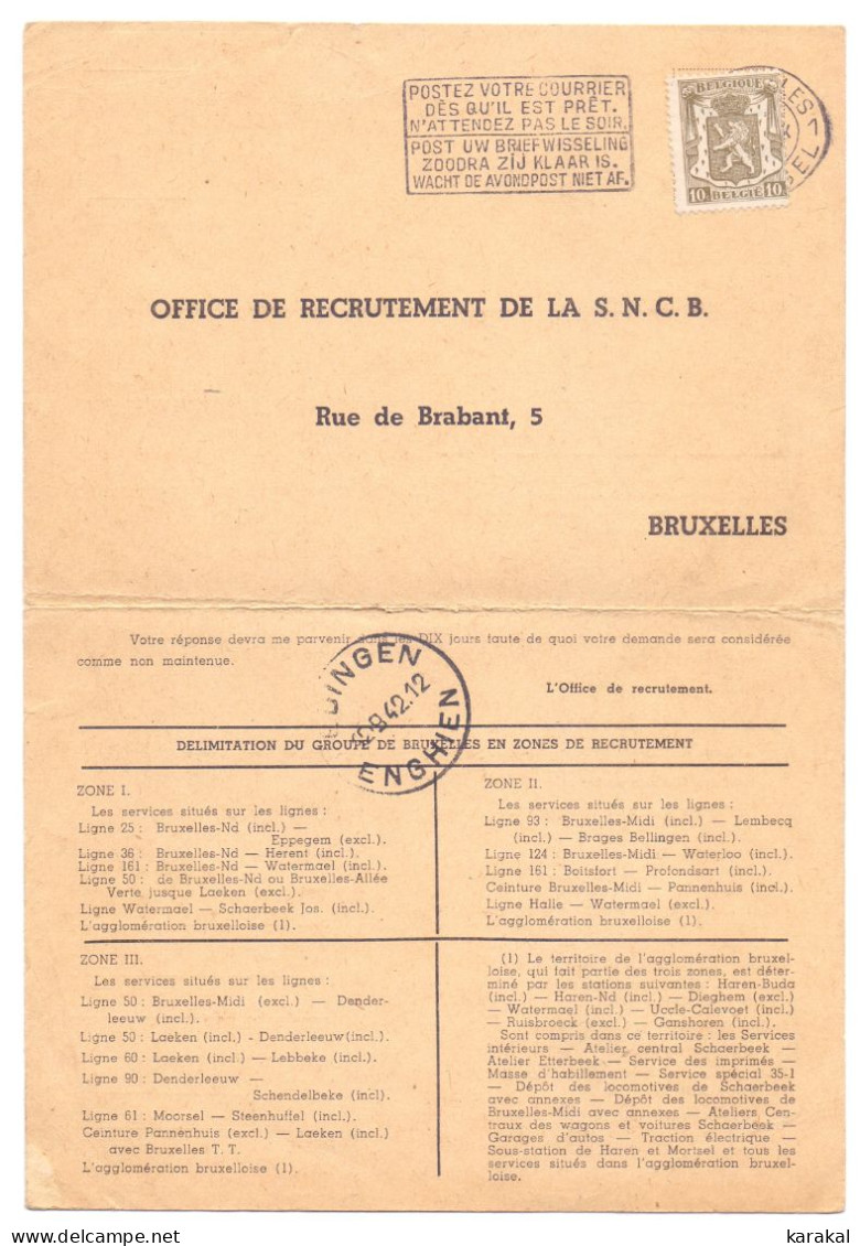 Belgique Timbre De Service S26 10c Carte-réponse De L'Office De Recrutement De La SNCB Enghien Bruxelles Roulette 1942 - Briefe U. Dokumente