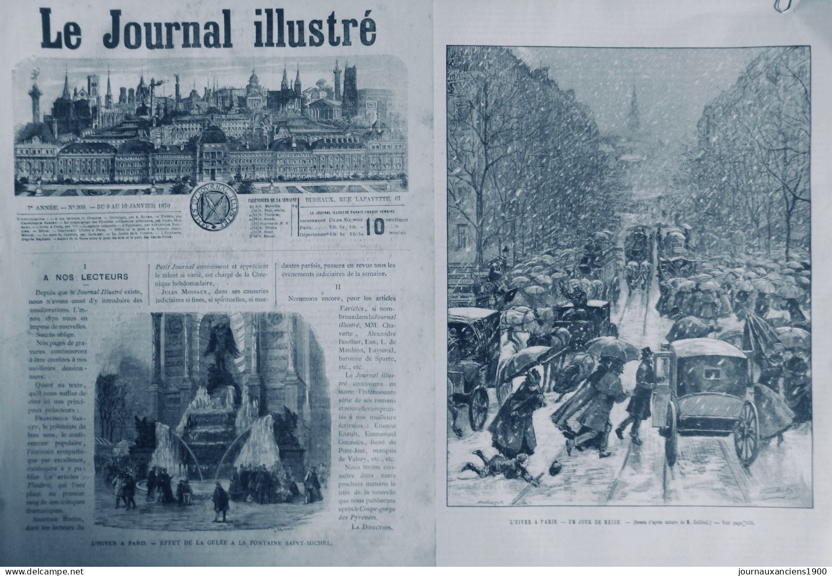 1870 PARIS NEIGE HIVER  FONTAINE SAINT MICHEL 2 JOURNAUX ANCIENS - Non Classificati