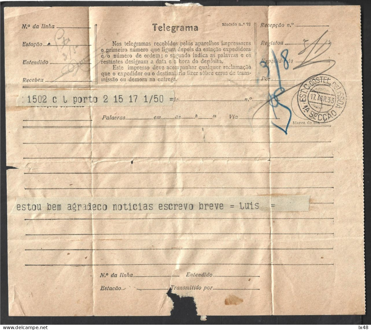 Telegrama De 1933 Expedido Do Porto Para Lisboa Com Obliteração Da '1ª Secção Da Est.C.Dos Tel.deLisboa' Estação Central - Brieven En Documenten