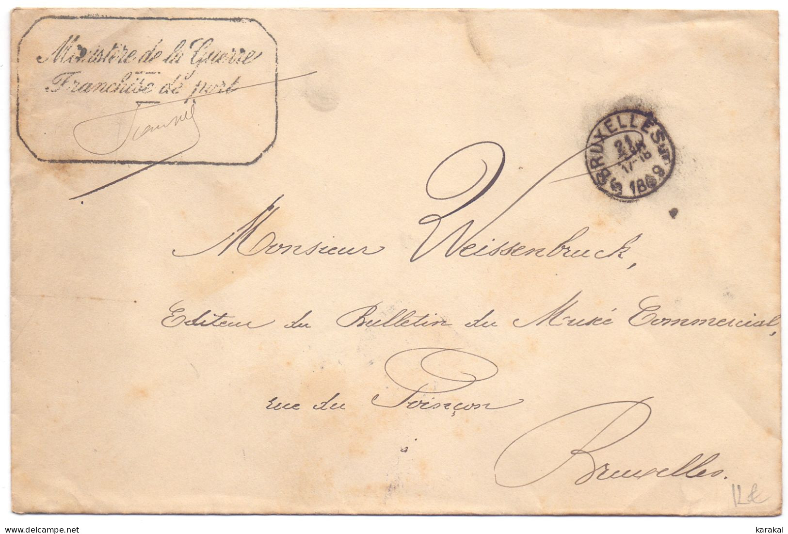 Belgique Ministère De La Guerre En Franchise De Port Military Service 1889 - Franchise