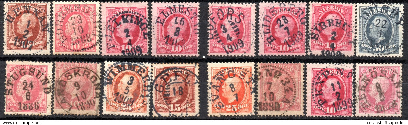 1960. SWEDEN. 16 CLASSIC STAMPS WITH NICE POSTMARKS LOT.3 SCANS - 1885-1911 Oscar II