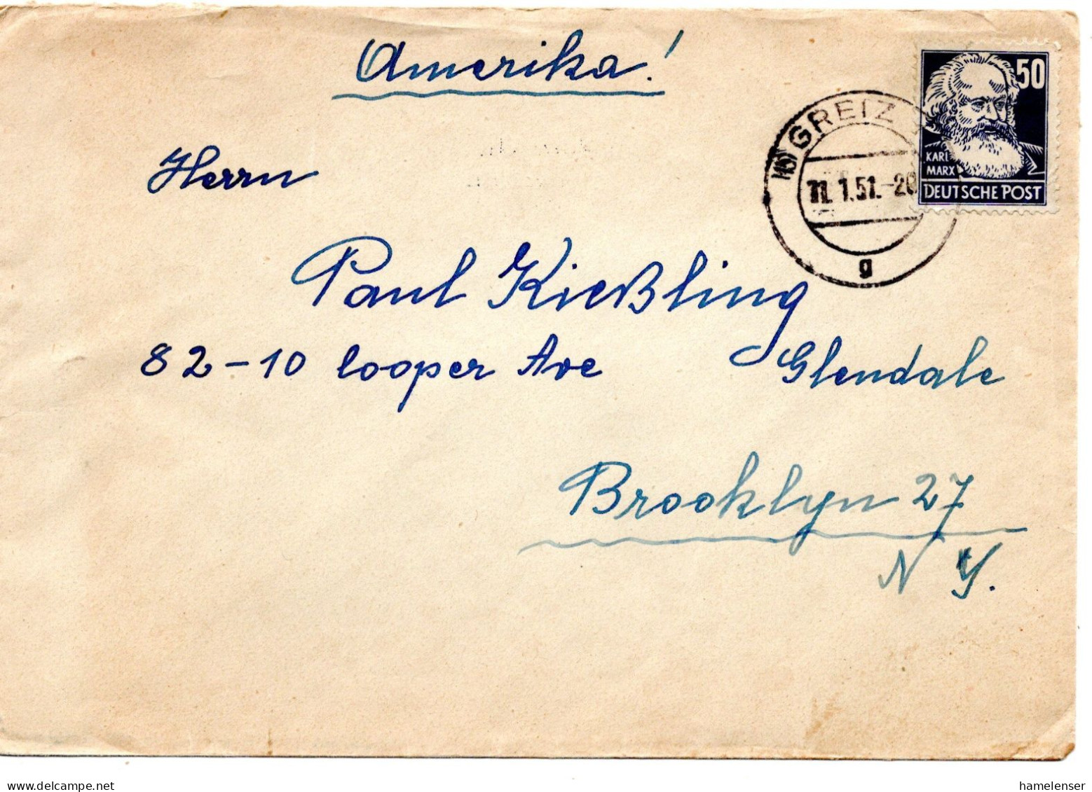 70648 - DDR - 1951 - 50Pfg Marx EF A Bf GREIZ -> Brooklyn, NY (USA) - Brieven En Documenten