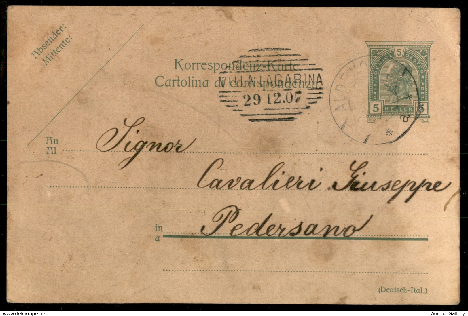 Antichi Stati Italiani - Lombardo Veneto - Territori Italiani D'Austria - Aldeno - Cartolina Postale Per Pedersano Del 2 - Andere & Zonder Classificatie