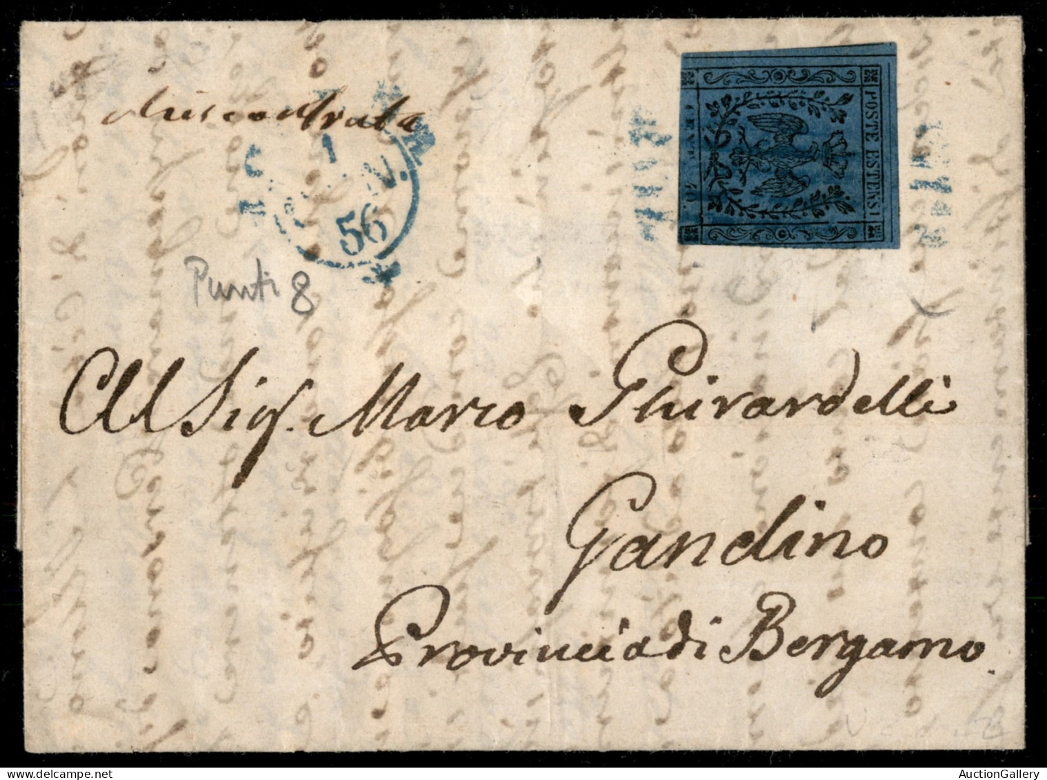 Antichi Stati Italiani - Modena - 40 Cent (10) Isolato Su Letterina Da Modena A Gandino Del 1.1.1856 - Corto In Basso - Sonstige & Ohne Zuordnung