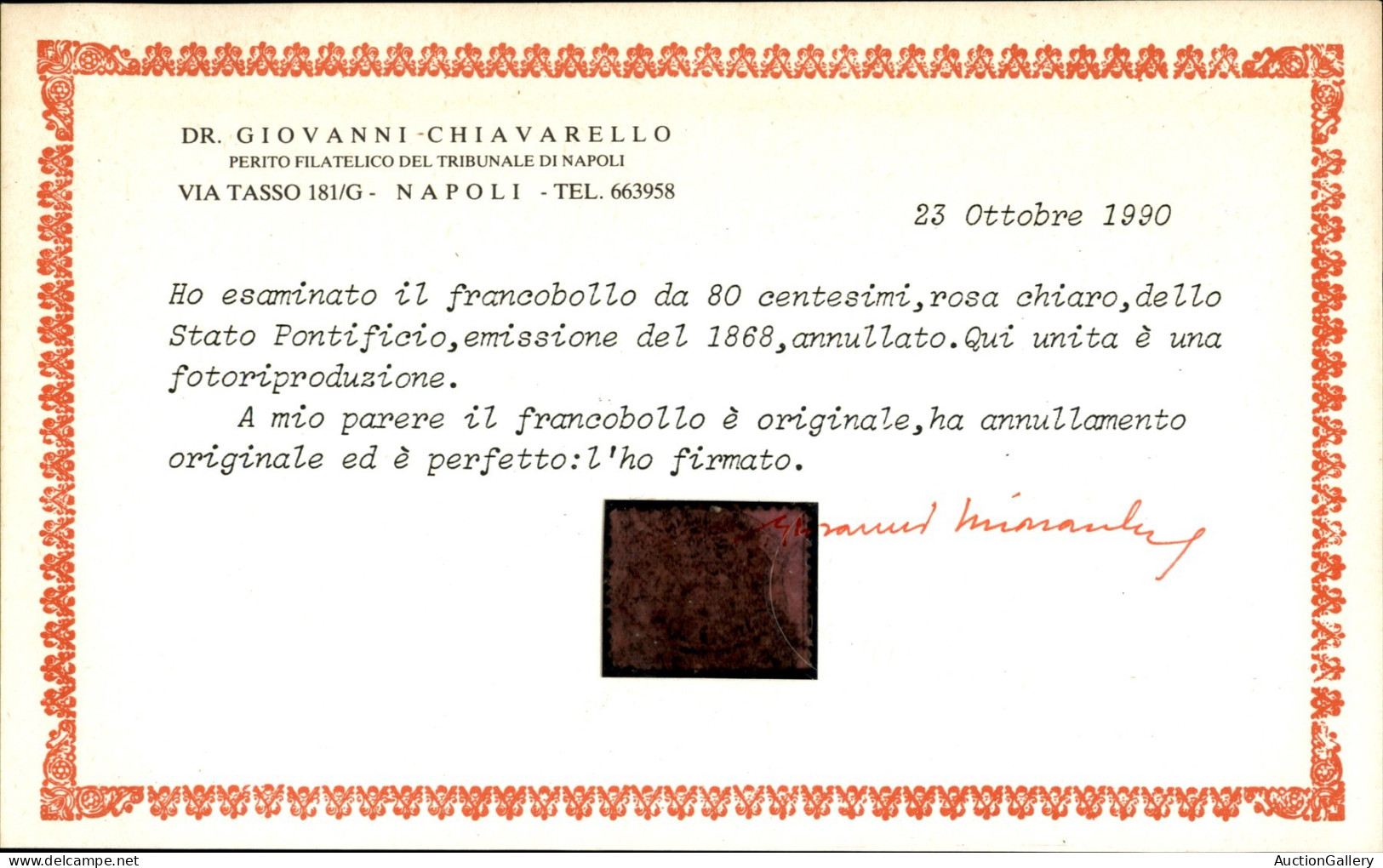 Antichi Stati Italiani - Stato Pontificio - 1868 - 80 Cent (30) - Usato - Cert. Chiavarello - Andere & Zonder Classificatie