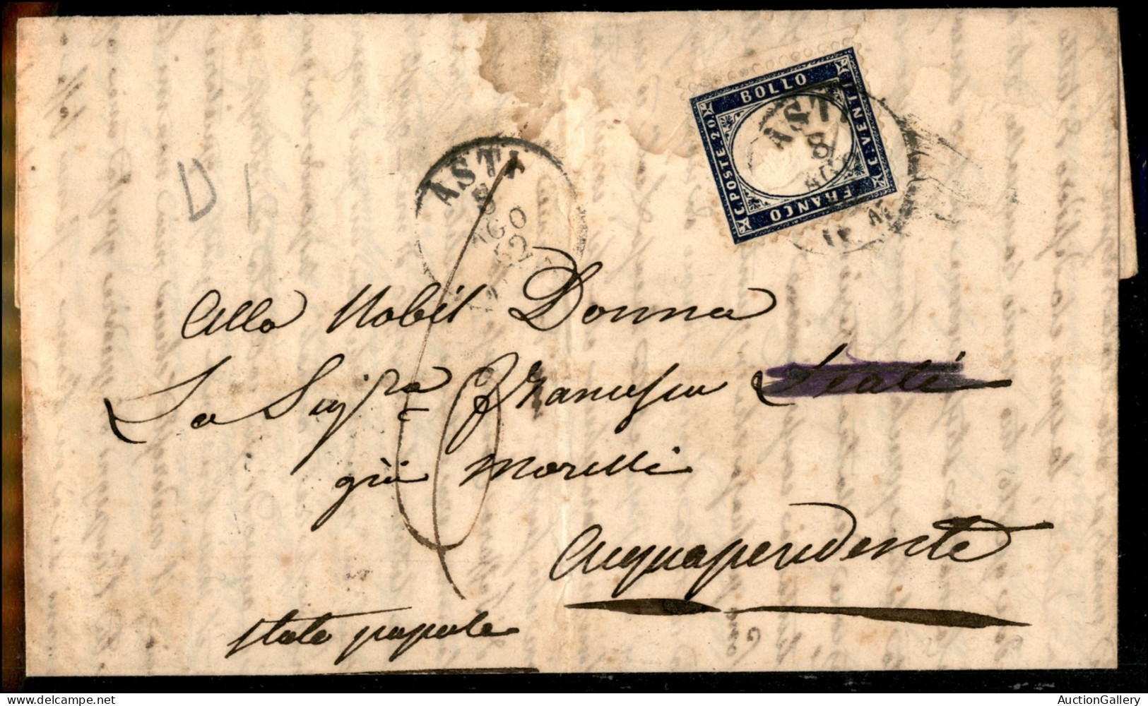 Regno - Vittorio Emanuele II - 20 Cent (2) Bordo Foglio - Lettera Da Asti A Acquapendente Del 8.8.62 - Tassata - Autres & Non Classés