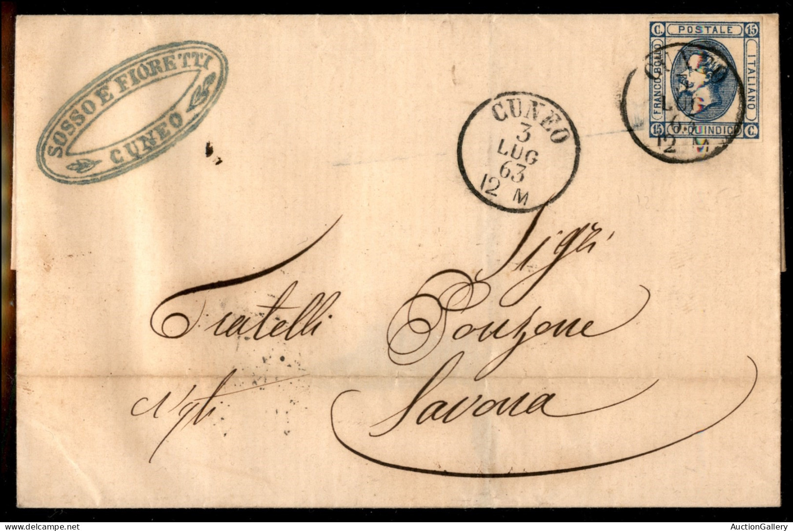 Regno - Vittorio Emanuele II - 15 Cent (12) - Lettera Da Cuneo A Savona Del 3.7.63 (100) - Autres & Non Classés