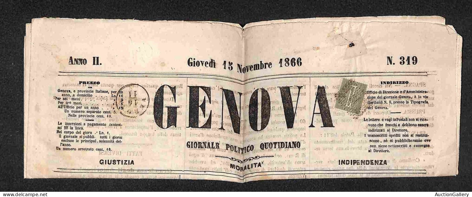 Regno - Vittorio Emanuele II - 1 Cent (14) Isolato Su Giornale “Genova” Del 15.11.66 Per Verona - Otros & Sin Clasificación