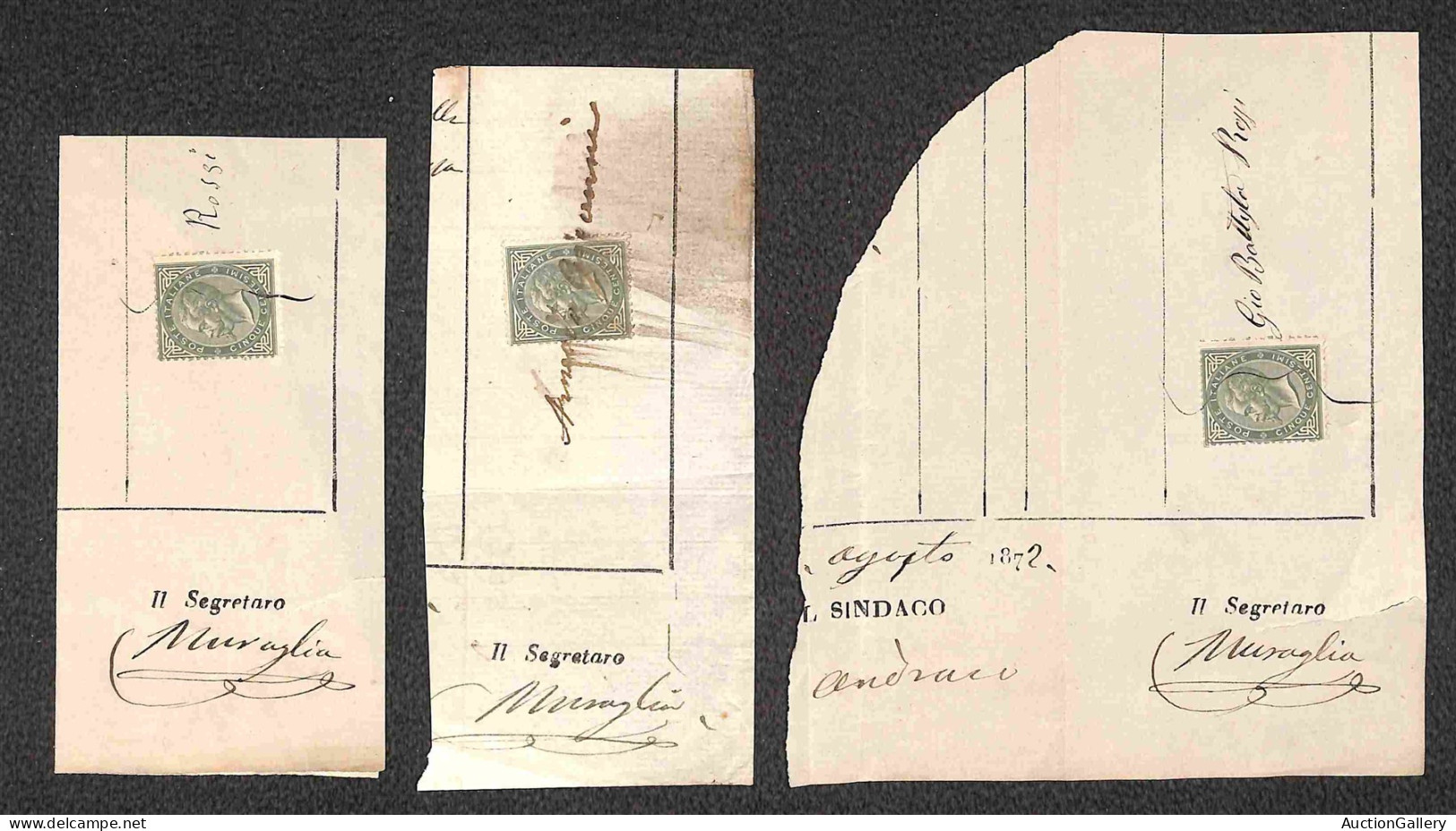 Regno - Vittorio Emanuele II - Tre Frammenti Di Ricevute Del 1872 Con Uso Fiscale Del 5 Cent Torino (16) - Other & Unclassified