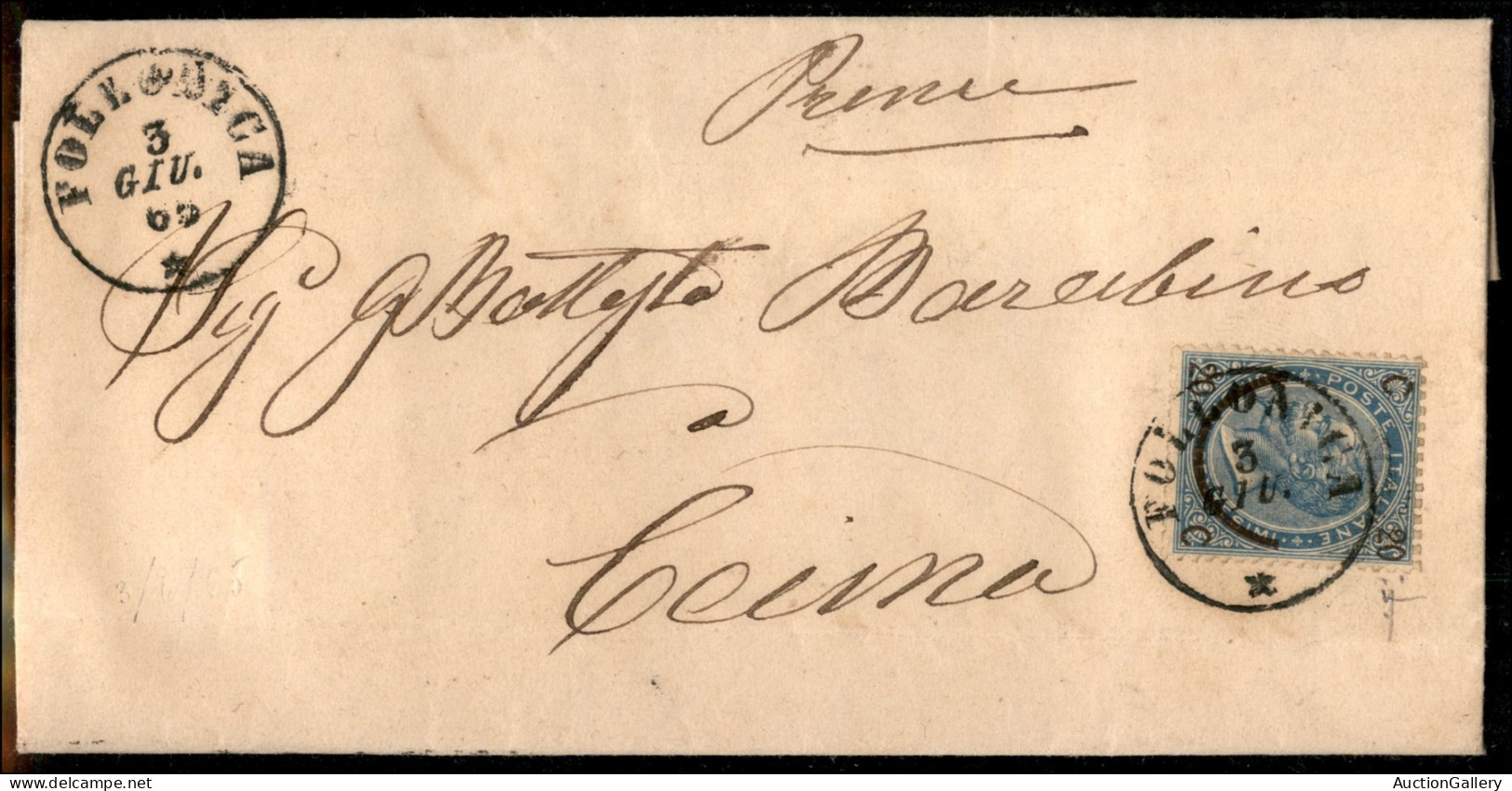 Regno - Vittorio Emanuele II - Follonica - 20 Cent Su 15 (24) - Lettera Per Cecina Del 3.6.65 - Alfani - Sonstige & Ohne Zuordnung